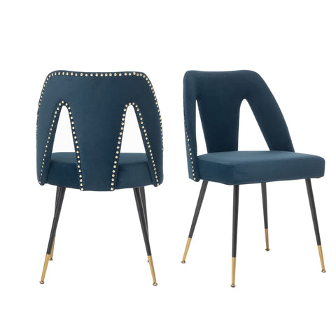 AADEN 2x Velvet Dining chairs with Metal Legs-Blue