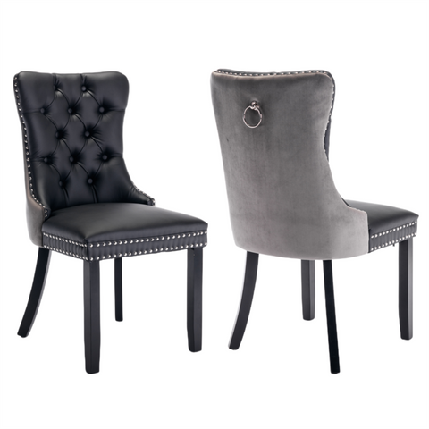 2x PU Faux Leather & Velvet Dining Chairs-Black & Grey