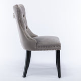 2x Velvet Dining Chairs Upholstered Tufted Kithcen Chair with Solid Wood Legs Stud Trim and Ring-Gray